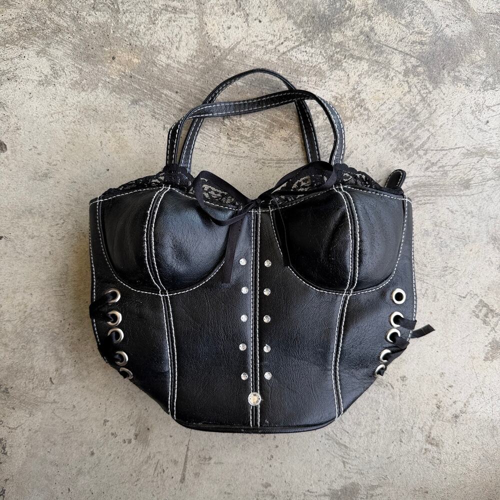 Vintage Y2K Black Faux Leather Corset Bustier Handbag with Lace and Rhinestones
